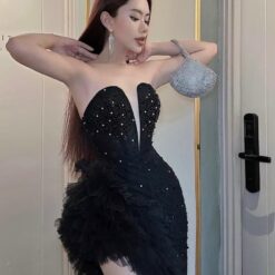 ชุดเดรส ราตรียาว แต่งมุก+เพชร สีดำ 3031 Size M