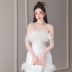 ชุดเดรส สายเดี่ยว แต่งขน สีขาว 2126 Size M