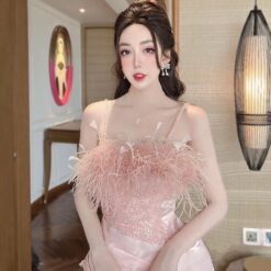 ชุดเดรส สายเดี่ยว แต่งขน สีชมพู 2127 Size M