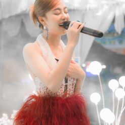 ชุดเดรส คล้องคอ แต่งขน+มุก สีขาว-แดง 2128 Size S