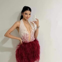 ชุดเดรส คล้องคอ แต่งขน+มุก สีขาว-แดง 2128 Size S