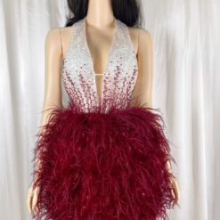 ชุดเดรส คล้องคอ แต่งขน+มุก สีขาว-แดง 2128 Size S