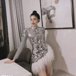 ชุดดรส แต่งเพชร+ขน แขนยาว สีเทา 2129 Size M