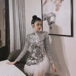 ชุดดรส แต่งเพชร+ขน แขนยาว สีเทา 2129 Size M