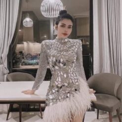 ชุดดรส แต่งเพชร+ขน แขนยาว สีเทา 2129 Size M