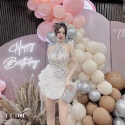 ชุดเดรส คล้องคอ แต่งเพชร สีขาว 2131 Size S