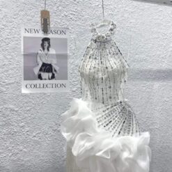 ชุดเดรส คล้องคอ แต่งเพชร สีขาว 2131 Size S