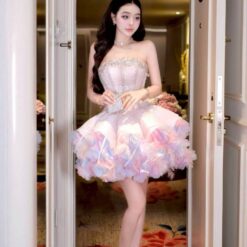 ชุดเดรส เกาะอก แต่งเพชร+ขนนก สีชมพูพาสเทล ม่วง 2024 Size M