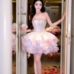 ชุดเดรส เกาะอก แต่งเพชร+ขนนก สีชมพูพาสเทล 2024 Size M