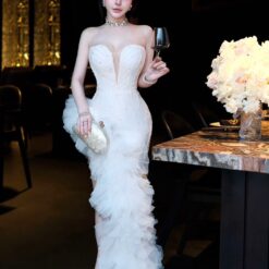 ชุดเดรส ราตรียาว แต่งมุก+เพชร สีขาว 3032 Size M