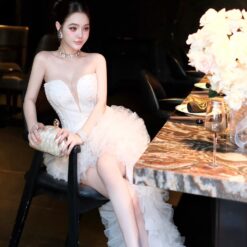 ชุดเดรส ราตรียาว แต่งมุก+เพชร สีขาว 3032 Size M