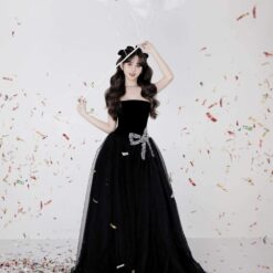 ชุดราตรียาว เกาะอก แต่งโบว์เพชร สีดำ 3029 Size M