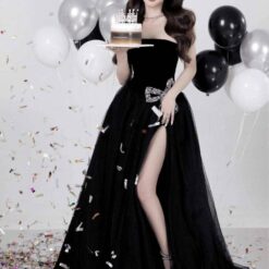 ชุดราตรียาว เกาะอก แต่งโบว์เพชร สีดำ 3029 Size M