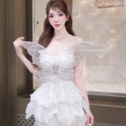 ชุดเดรส เกาะอก ผีเสื้อ แต่งกลิตเตอร์ สีขาว 2006 Size M