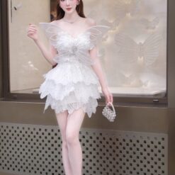 ชุดเดรส เกาะอก ผีเสื้อ แต่งกลิตเตอร์ สีขาว 2006 Size M