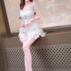 ชุดเดรส เกาะอก ผีเสื้อ แต่งกลิตเตอร์ สีขาว 2006 Size M