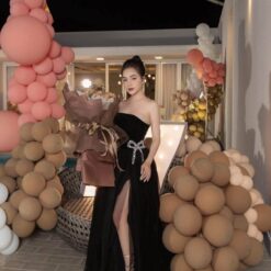 ชุดราตรียาว เกาะอก แต่งโบว์เพชร สีดำ 3029 Size M