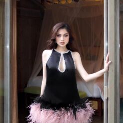 ชุดเดรส สีดำ ขนนกชมพู BRAND MAEL แท้  2151 SIZE S-M-L