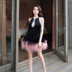 ชุดเดรส สีดำ ขนนกชมพู BRAND MAEL แท้  2151 SIZE S-M-L