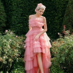 ชุดราตรียาว เกาะอก หางยาว ฟูฟ่อง สีชมพู 3026 Size M