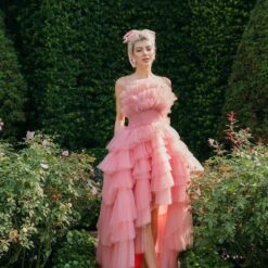 ชุดราตรียาว เกาะอก หางยาว ฟูฟ่อง สีชมพู 3026 Size M