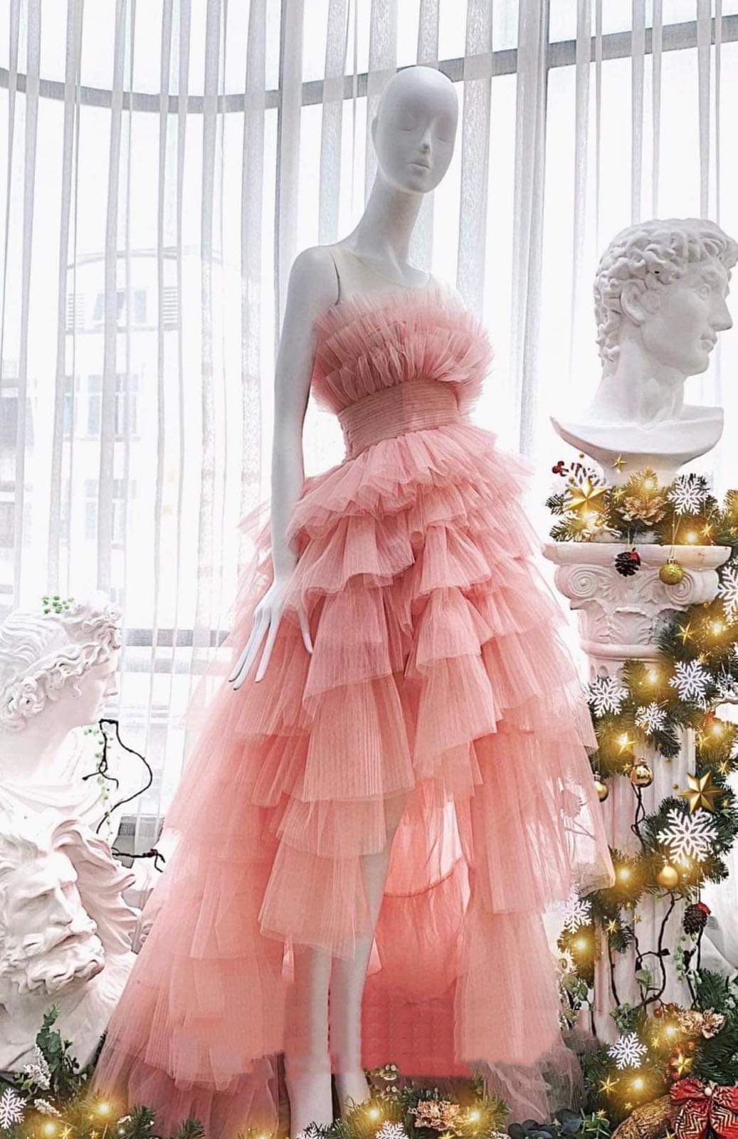 ชุดราตรียาว เกาะอก หางยาว ฟูฟ่อง สีชมพู 3026 Size M - Image 6