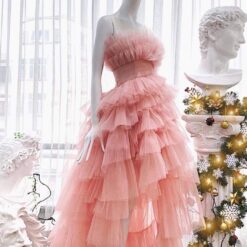 ชุดราตรียาว เกาะอก หางยาว ฟูฟ่อง สีชมพู 3026 Size M