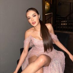 ชุดราตรียาว ปาดไหล่ แต่งกลิตเตอร์ สีชมพู 3025 Size M