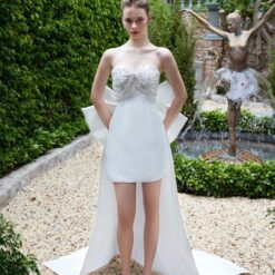 ชุดเดรส ชุดเจ้าสาว เกาะอก แต่งเพชร+โบว์ สีขาว 2118 Size S