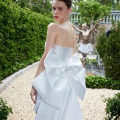 ชุดเดรส ชุดเจ้าสาว เกาะอก แต่งเพชร+โบว์ สีขาว 2118 Size S