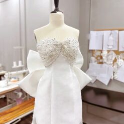 ชุดเดรส ชุดเจ้าสาว เกาะอก แต่งเพชร+โบว์ สีขาว 2118 Size S