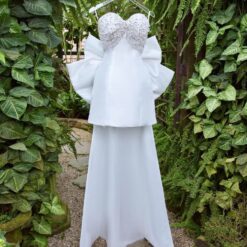 ชุดเดรส ชุดเจ้าสาว เกาะอก แต่งเพชร+โบว์ สีขาว 2118 Size S