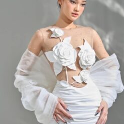 ชุดเดรส ชุดเจ้าสาว ซีทรู ดอกกุหลาบ สีขาว-ครีม 2117 Size M