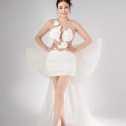 ชุดเดรส ชุดเจ้าสาว ซีทรู ดอกกุหลาบ สีขาว-ครีม 2117 Size M