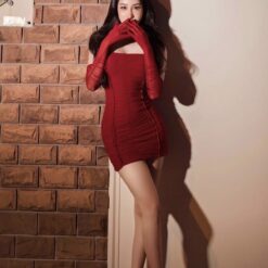 ชุดเดรส เกาะอก + ถุงมือ สีแดง Tipblu 2149 Size S-M