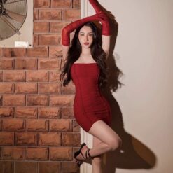 ชุดเดรส เกาะอก + ถุงมือ สีแดง Tipblu 2149 Size S-M