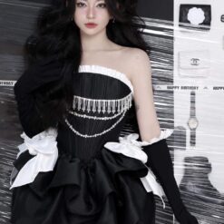 ชุดเดรส เกาะอก แต่งโบว์+เพชร สีดำ 2116 Size S