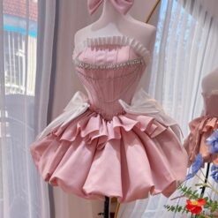 ชุดเดรส เกาะอก แต่งโบว์+เพชร สีชมพู สีบานเย็น 2112 Size S