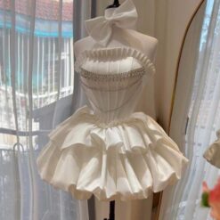 ชุดเดรส เกาะอก แต่งโบว์+เพชร สีขาว 2113 Size S,M