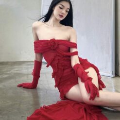 ชุดเดรส + ถุงมือ สีแดง Lseoul 2138 Size S