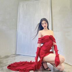 ชุดเดรส + ถุงมือ สีแดง Lseoul 2138 Size S