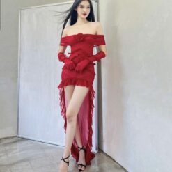 ชุดเดรส + ถุงมือ สีแดง Lseoul 2138 Size S