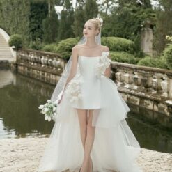 ชุดเดรส เกาะอก แต่งดอก สีขาว 2108 Size M