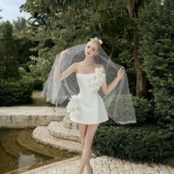 ชุดเดรส เกาะอก แต่งดอก สีขาว 2108 Size S-M