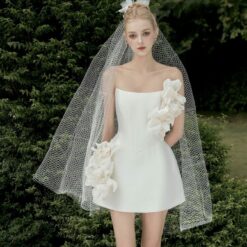 ชุดเดรส เกาะอก แต่งดอก สีขาว 2108 Size S-M