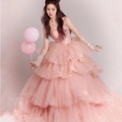 ชุดราตรียาว เกาะอก ฟูฟ่อง สีชมพู 3023 Size M