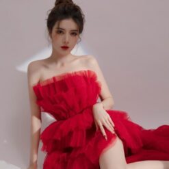 ชุดราตรียาว เกาะอก หางยาว ฟูฟ่อง สีแดง 3028 Size M