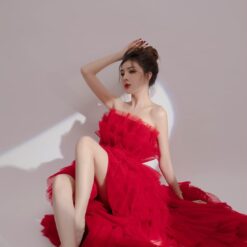 ชุดราตรียาว เกาะอก หางยาว ฟูฟ่อง สีแดง 3028 Size M