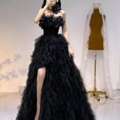 ชุดราตรียาว เกาะอก แต่งดอก สีดำ 3022 Size S