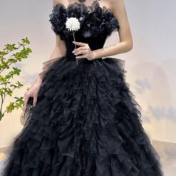 ชุดราตรียาว เกาะอก แต่งดอก สีดำ 3022 Size M - L